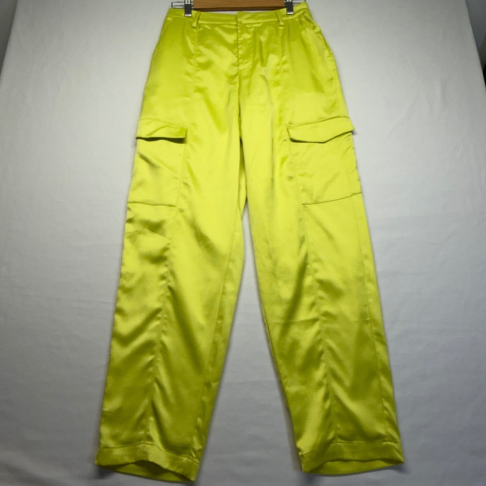 House of Harlow 1960 Satin Cargo Pants 4 Lime Green Womens Wide Leg High Rise